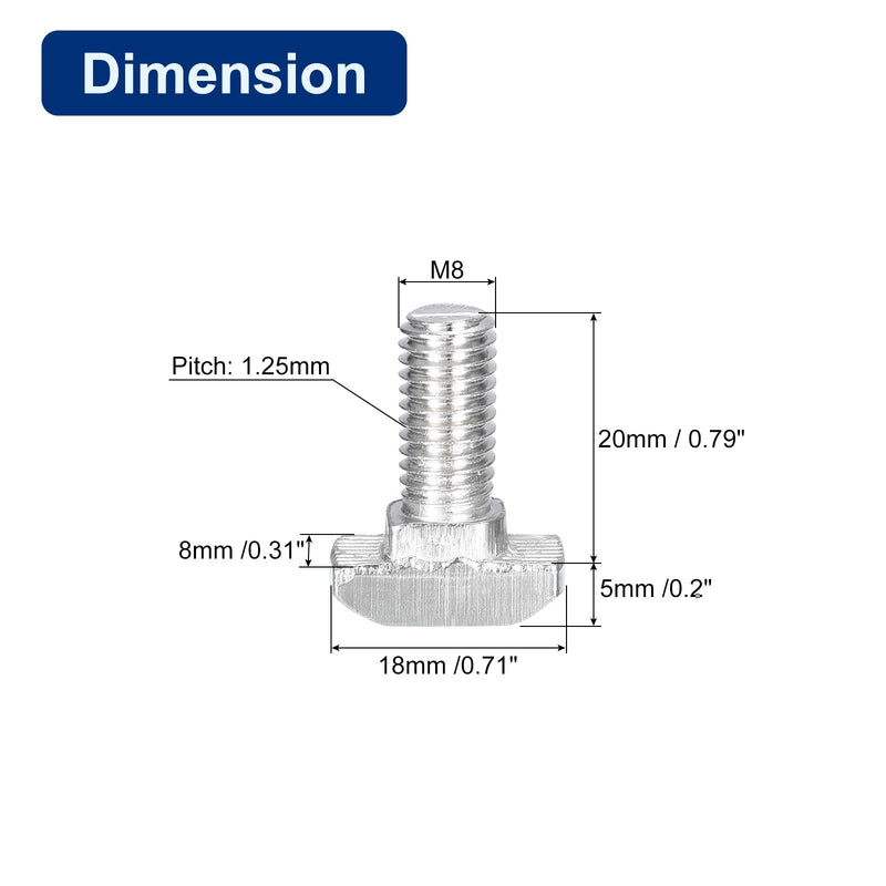 uxcell 30Pcs T-Slot Bolts, M8 x 20mm Hammer Head Bolt T Screw Drop-in Stud for 4040 Series T-Slot Aluminum Extrusion Profile, Carbon Steel Nickel Plated, Silver 30