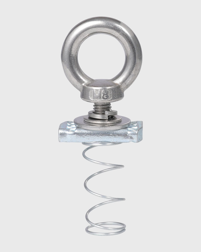 Strut Channel Nut and Eye Bolt Set - Heavy Duty Stainless Steel Eye Bolts M8, M10 | Zinc Plated Spring Nuts, Long Spring) for Unistrut, M8, Pack of 4