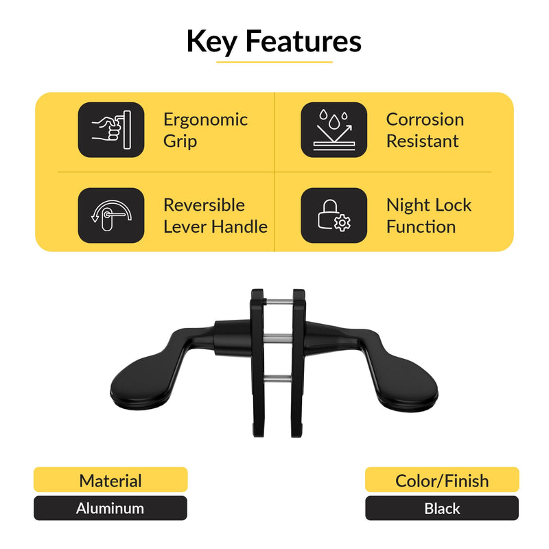 Brixwell Lever Latch Set Black with Night Lock for Door Thickness 5/8" to 1-3/8", Reversible Aluminum Handle, 2-1/2" Length, 1-3/4" Hole Centers, 3-1/2" Height, Lockable Design