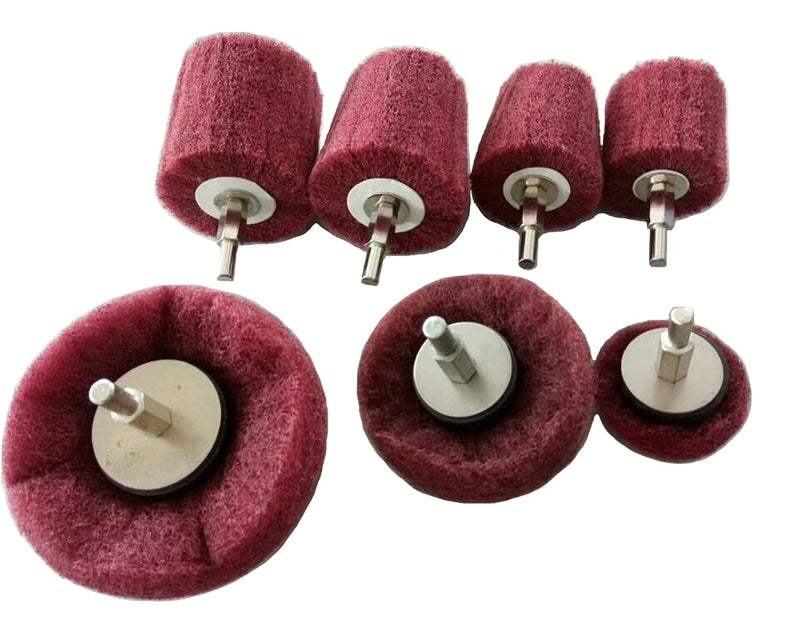 Polishing Brushing Shaped scouring pad Grinding Head - 7 Pcs Red Non Woven Abrasive Drill Buffing Attachment Set with 1/4 Handle for Manifold/Aluminum/Stainless Steel/Chrome etc