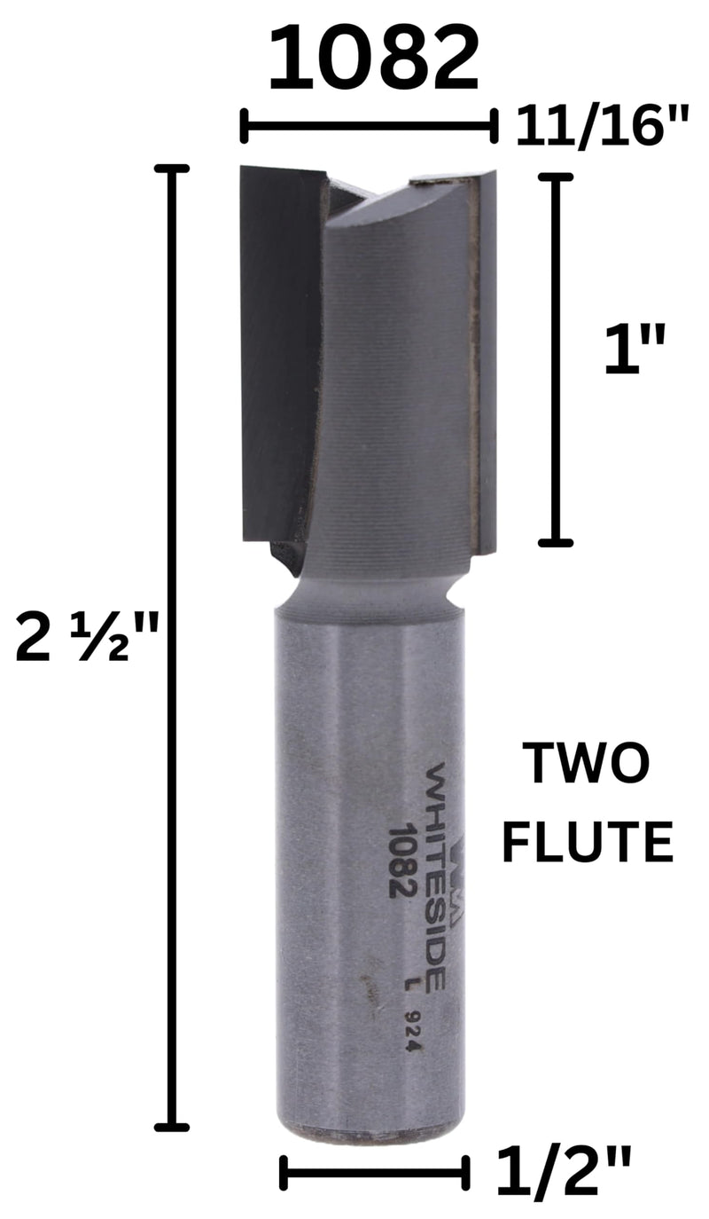 Whiteside 1082 Straight Router Bit: 11/16 Inch Cutting Diameter, 1/2 Inch Shank, 1 Inch Cutting Length