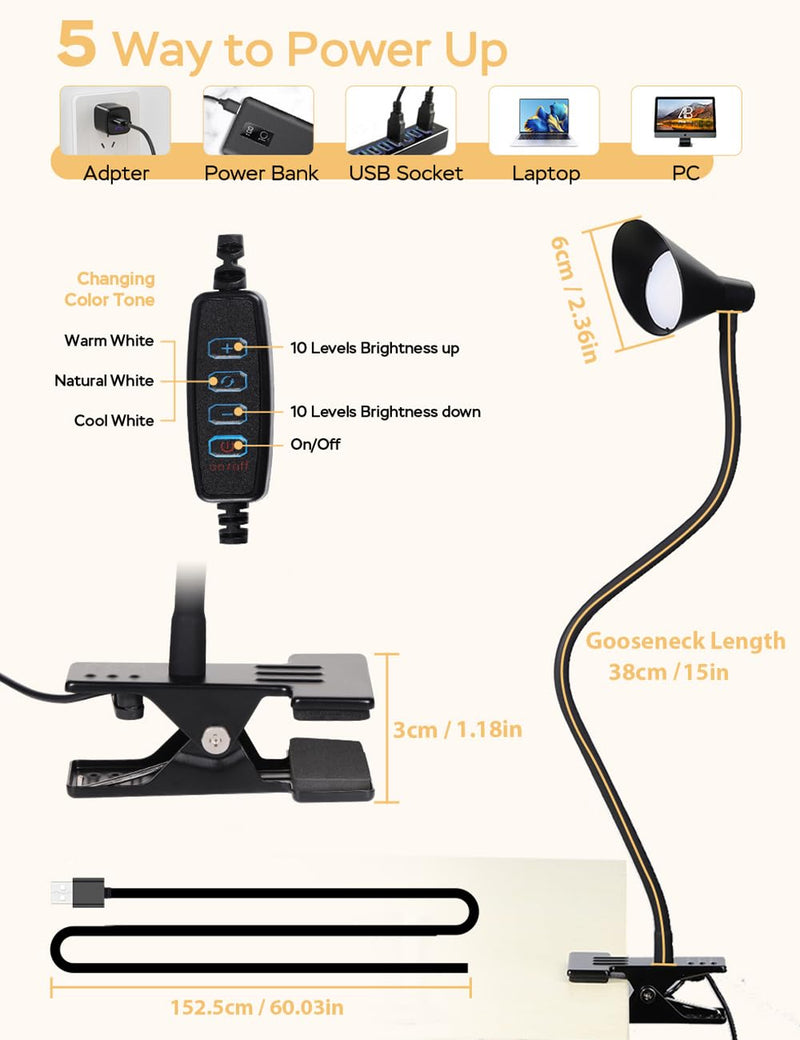 Clip on Light USB Reading Light 3 Color Modes 10 Brightness Levels Eye Care Clamp Light Flexible Gooseneck Dimmable Reading Lamp Clip on Lamp for Bed Headboard Desk Bedside Dorm (Black) Black