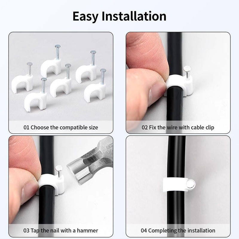 LeMotech 200pcs Cable Clips 5/6/8/10mm Cable Nail Clips Cable Tacks Coaxial Nail Clamps for Cable Cord Management RG6 RG59 CAT5 CAT6 RJ45 Electrical Ethernet Coaxial Clamps, White Round (5/6/8/10mm) 200