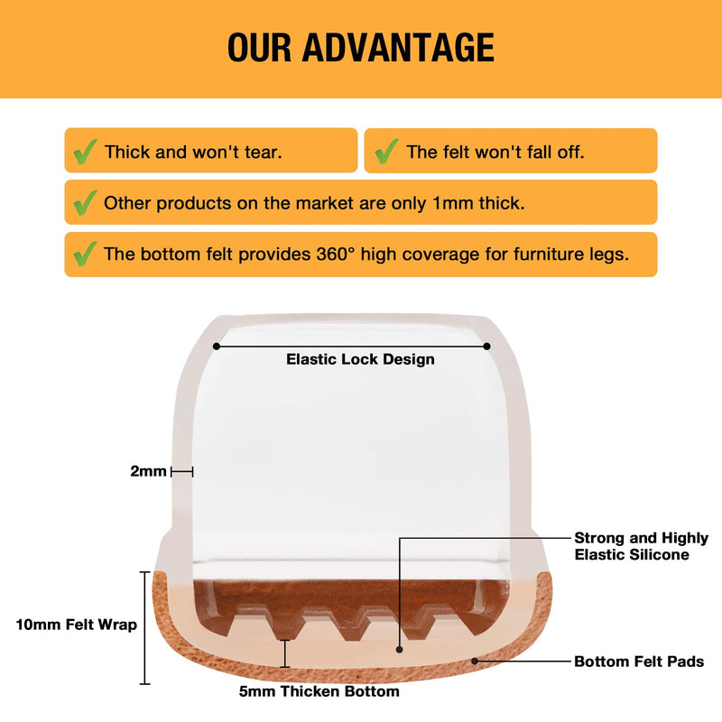 32 Pcs Chair Leg Floor Protectors Square, Silicone Chair Leg Protectors for Hardwood Floors, Chair Leg Caps Covers Protect Wooden Floors from Scratching, Thick, Won't Tear (Fit: 0.94''–1.45'') L - 32 Pcs - Clear