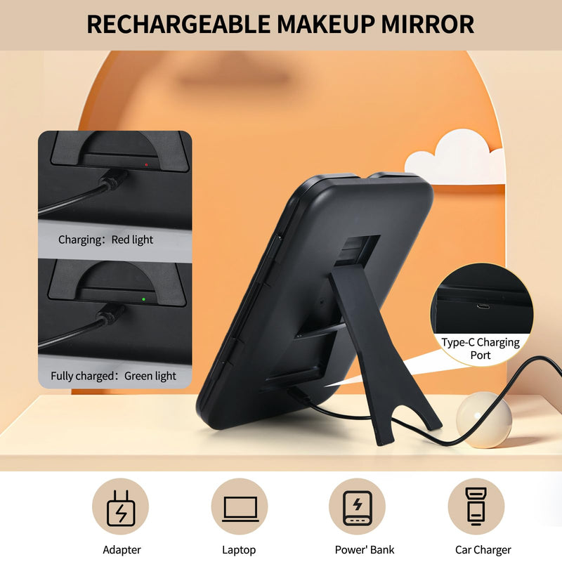 Tri-fold Vanity Mirror with Light,Rechargeable Travel Makeup Mirror with 5X/10X/20X/30X Magnifying Mirror,Touch Screen Dimming Light Up Vanity Mirrors for Travel Home,Black Black