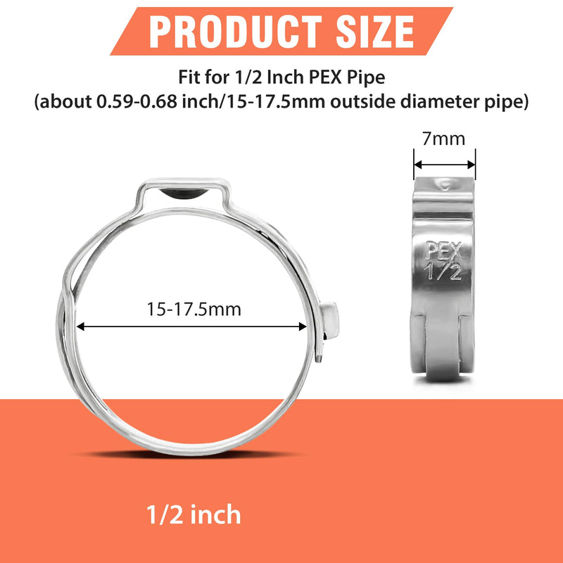 120pcs 1/2 inch PEX Cinch Clamps Rings, 304 Stainless Steel Single Ear Hose Clamps, Pex Crimp Rings for PEX Tubing Pipe Fitting Connections 120 Pcs