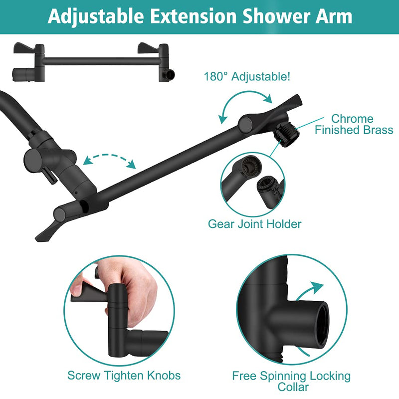 Shower Head, 8‘’ High Pressure Rainfall/Handheld Shower Combo with 11'' Extension Arm, 9 Settings, Anti-leak Shower Head with Holder, Height/Angle Adjustable, Chrome, Matte Black 8 inch - Matte Black