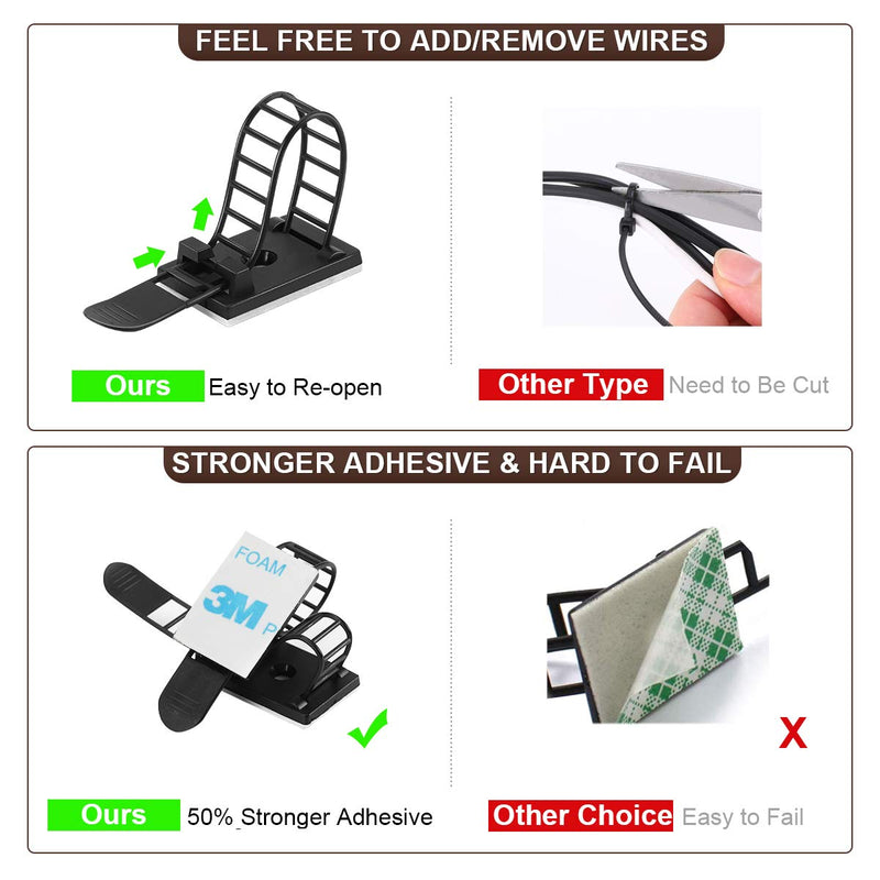 50Pcs Adjustable Adhesive Cable Management Clips, Nylon Cable Strap Ties Wire Clips Clamps Organizer with Strong Adhesive Tape, Extra Screw & Hole for Strong Fixation Home Office - 3.35 Inch Black M-50pcs