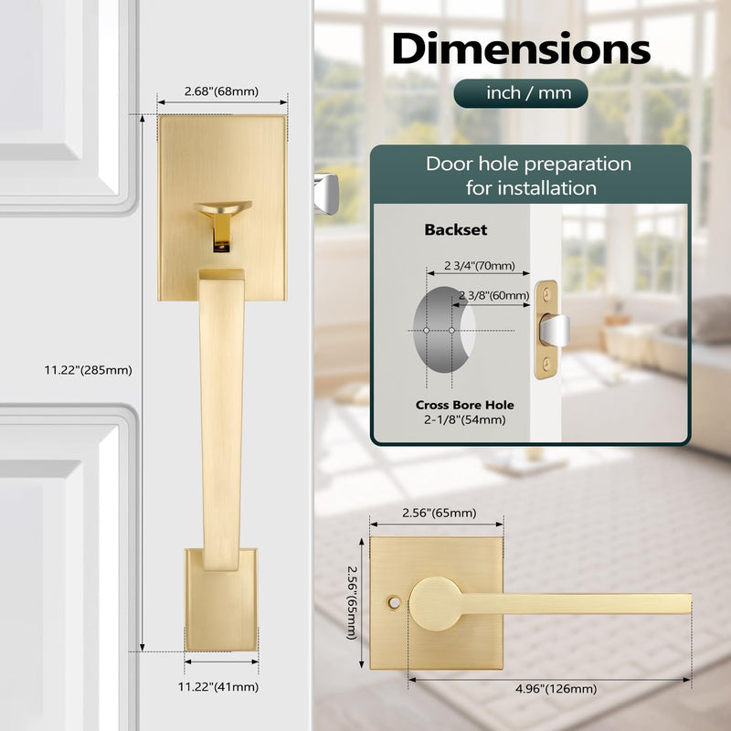 EHOMEWARE Gold Front Door Handle, Exterior Door Handle No Lock, Heavy Duty Entry Door Handleset, Reversible Door Lever for Left/Right Handed Doors, Satin Brass Finish