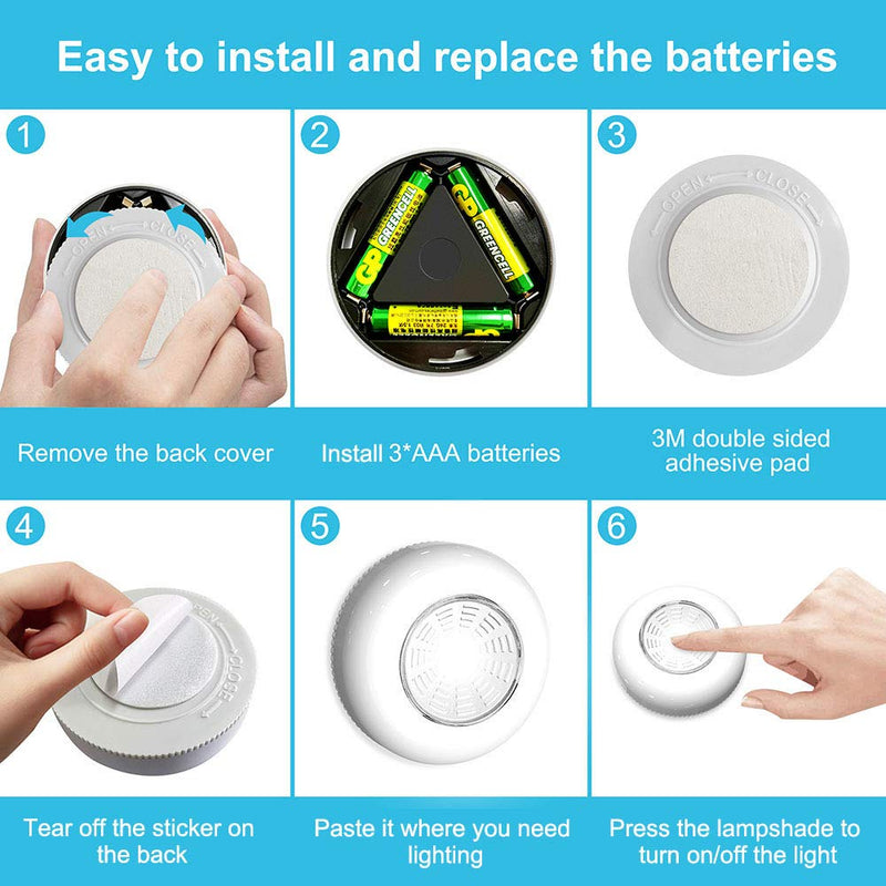 Tap Light Push Lights, 6 Pack Portable Bright LED Puck Light Touch Light Night Lights Push Lights Battery Operated Under Cabinet Lighting for Closet Kitchen Under Counter Classroom Indoor Outdoor 6-Pack