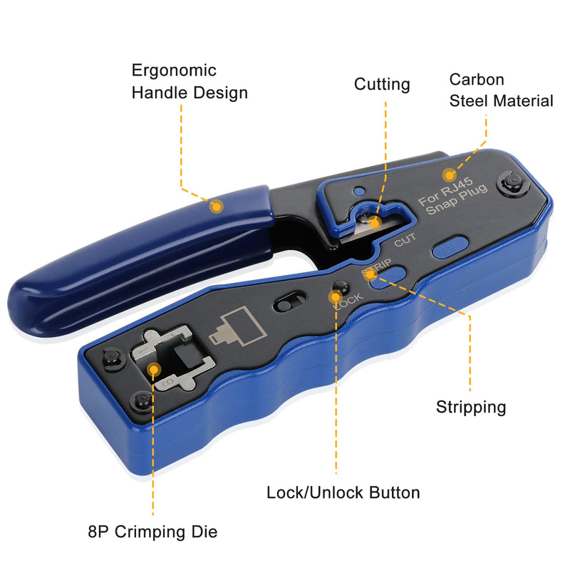 RJ45 Crimp Tool Kit Pass Thru Ethernet Crimper for Cat5e Cat6 Cat6a 8P8C Modular Connectors, All-in-One Cat6 Crimping Tool and Tester(9V Battery Not Included) KIT-08