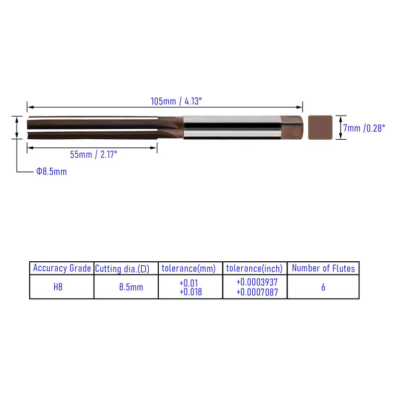 Hand Reamer Metric 8.5mm Alloy Tool Steel 9Crsi H8 6 Straight Flutes Hand Milling Cutter Tool