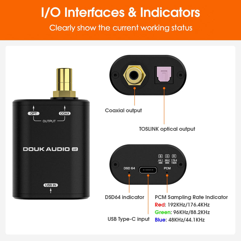 DoukAudio USB to SPDIF Converter: DDC Reclocker | Digital Interface with 24bit/192kHz Hi-Res XMOS XU316, Plug & Play, for Audiophiles, DAC & Home Theater (U2)