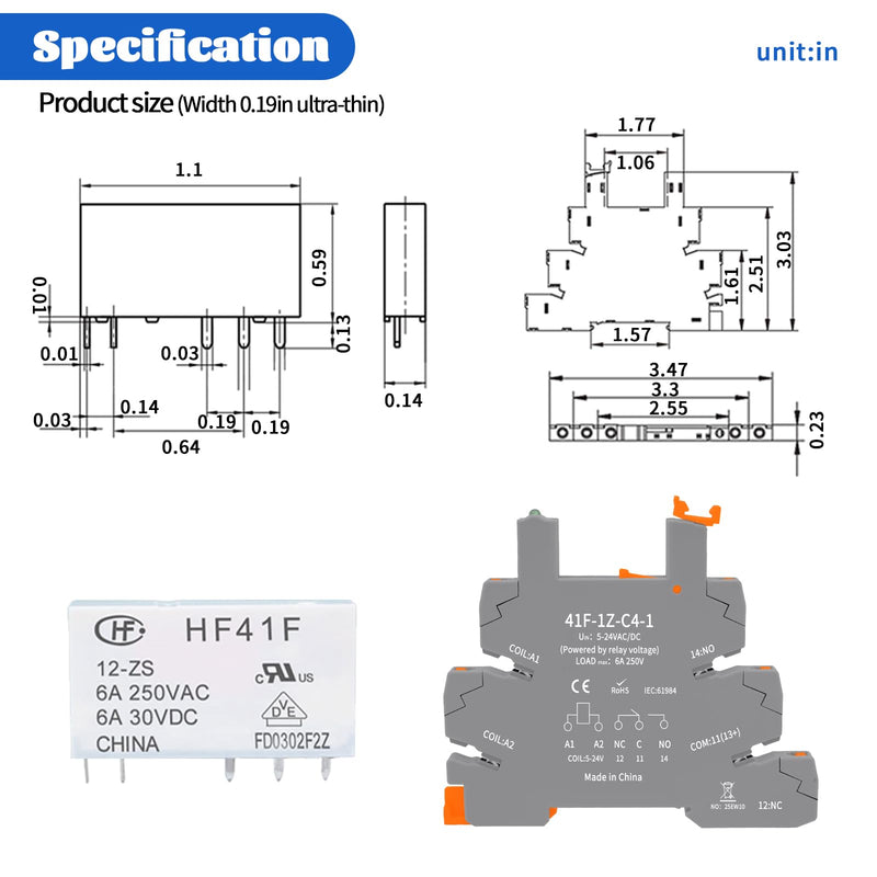 (2pcs) 12V Relays,din Rail,12V Coil dc/ac,Silm,PLC Signal Relay,HF41F/12-ZS 5 Pin 1NO 1NC 6A SPDT with LED Indicator SPDT with Jumper with Socket Base,12 Volt Relay dc,Load MAX 6A 250VAC/30VDC 41F-12V 2