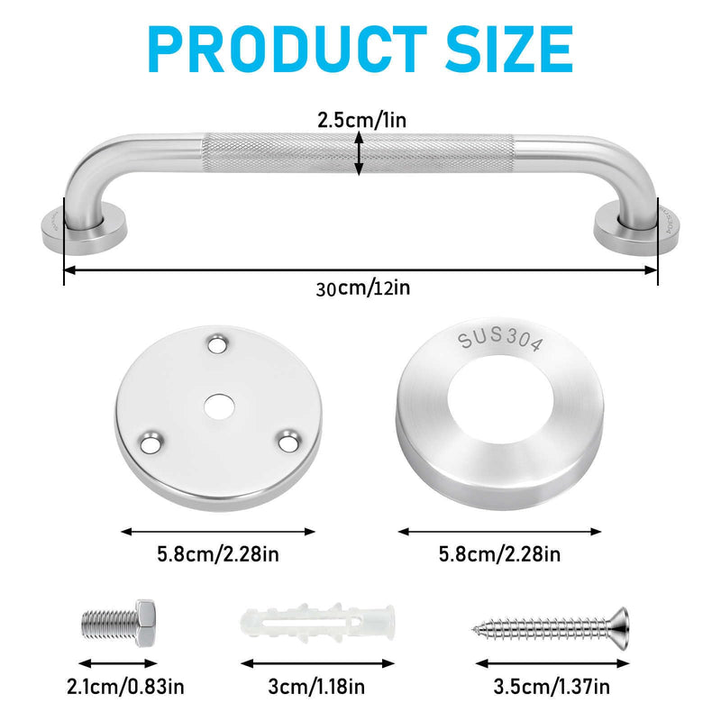2-Pack, Shower Grab Bars & Bathtub Safety Handles - 304 Stainless Steel Textured Non-Slip Assist Rails for Anti-Fall Support in Tub, Shower, and Toilet Areas, 12 Inch