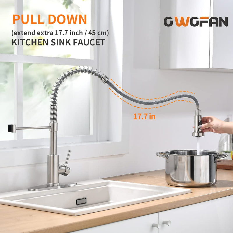 OWOFAN Kitchen Faucet with Pull Down Sprayer Brushed Nickel Stainless Steel 1 Handle Pull Out Spring Sink Faucets 1 Hole Or 3 Hole Dual Function for Farmhouse Camper Laundry Utility Rv Wet Bar Classic A-Brushed Nickel