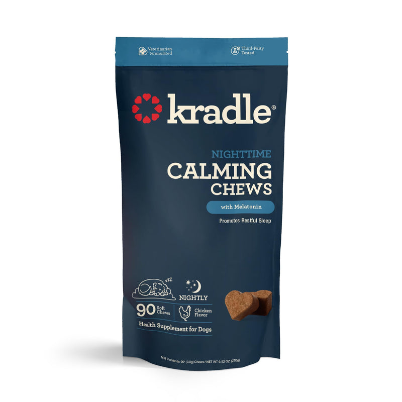 Kradle Nighttime Calming Chews for Dogs - Sleep and Relaxation Support - Melatonin L-Theanine Chamomile Ashwagandha - Calming Supplement for Bedtime and Stress - Chicken Flavor - 90 Chews