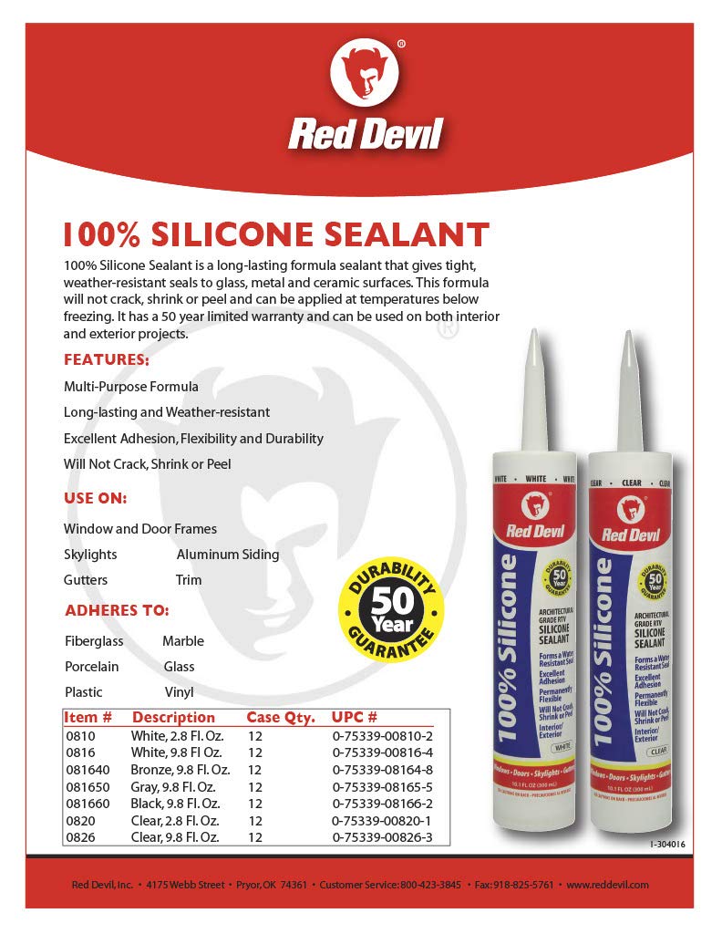 Red Devil 0810 100% Silicone Architectural Grade RTV Sealant, A Water-Resistant Adhesive for Interior and Exterior Use, 2.8 oz. Tube, White, 1-Pack Pack of 1