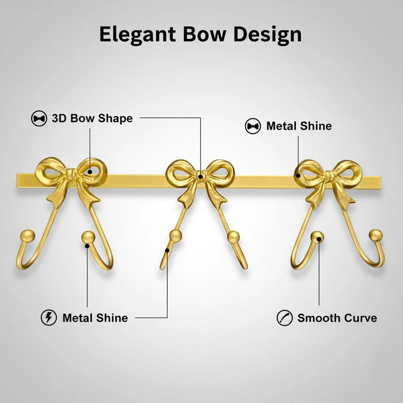 Gold Bow Wall Mounted Coat Rack, Heavy Duty Metal Bow Wall Hooks with 6 Hooks, Decorative Entryway Organizer for Robes Towels Purses Keys Gold