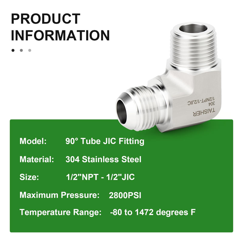 TAISHER 2PCS Forging of 304 Stainless Steel 90 Degree Elbow JIC Flare Tube Fittings, 1/2" JIC Male x 1/2" NPT Male, Half Union 1/2" JIC x 1/2" NPT(90 Degree Elbow) 2