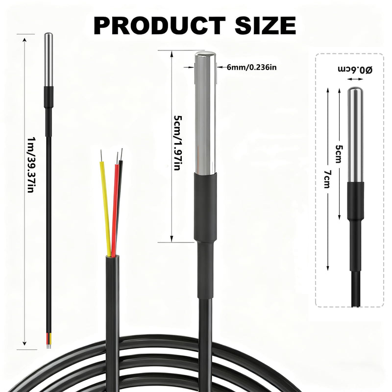 5 Pieces of DS18B20 Temperature Sensor Temperature Probes in Stainless Steel Packaging, Waterproof, 1M.