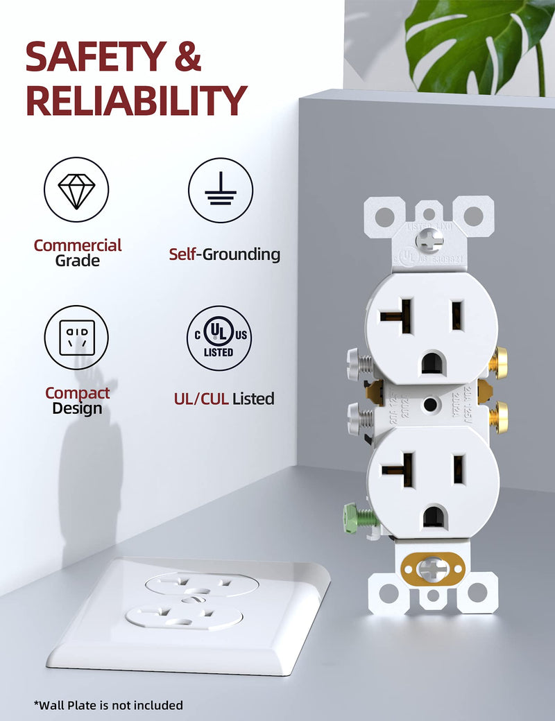 AIDA 20 Amps Outlets Duplex Electrical Receptacle Outlets, Electrical Outlet, 20Amp 125V Heavy-Duty Wall Outlet, Residential, 3-Wire, Self-Grounding, UL Listed, Side Wire (10 Pack, White) Without Wall Plate 10
