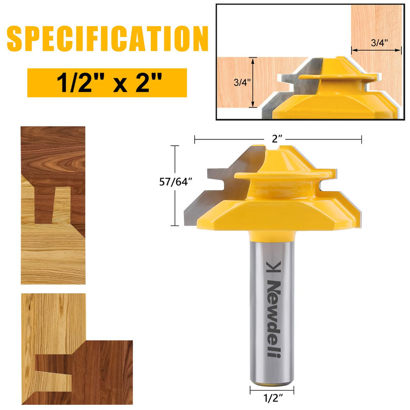 Newdeli 3PCS 45 Degree Lock Miter Router Bit Set 1/2 Inch Shank for 1/2”, 3/4", 1" Cutting Height Joint Router Bits for Creating Lock Miter Joint 1/2shank * 3PCS