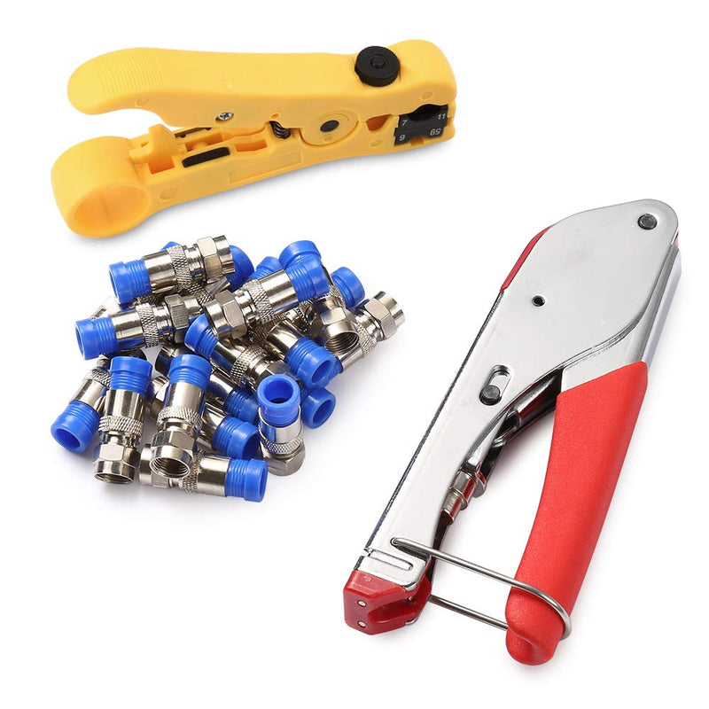 Coax Cable Crimper Kit Coaxial Cable Rg6 Compression Tool Kit with 20PCS F RG6 Connectors, Wire Coax Cable Stripper Tool Stripper&Crimper