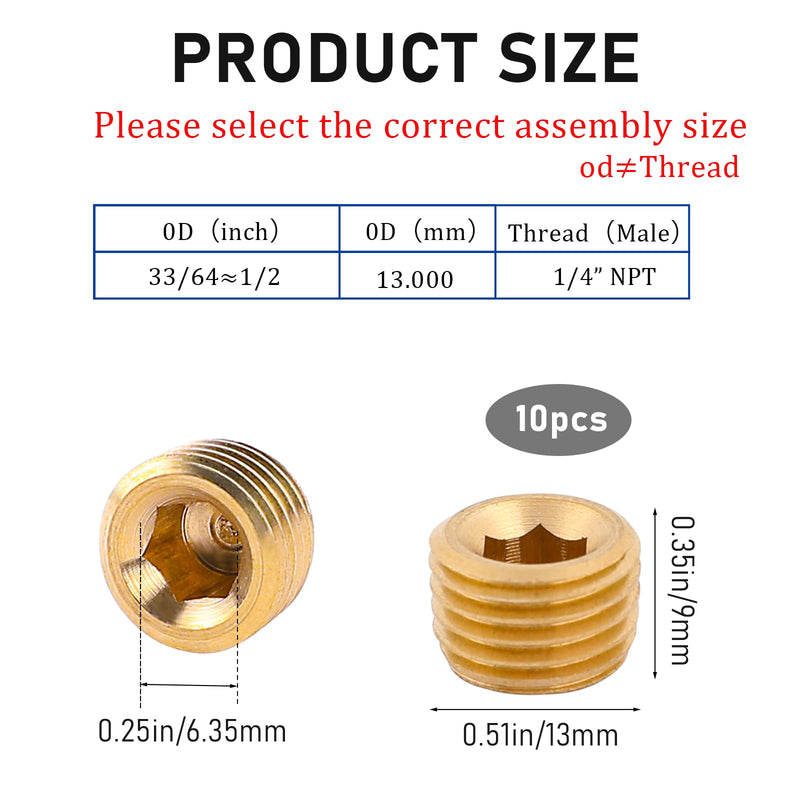 10 PCS 1/4" NPT Male Pipe Plug Fitting Set Brass Hex Counter Sunk Pipe Plug for Closing the End of Pipe, Internal Hex Socket Thread Socket Pipe Plug Kit 1/4 npt