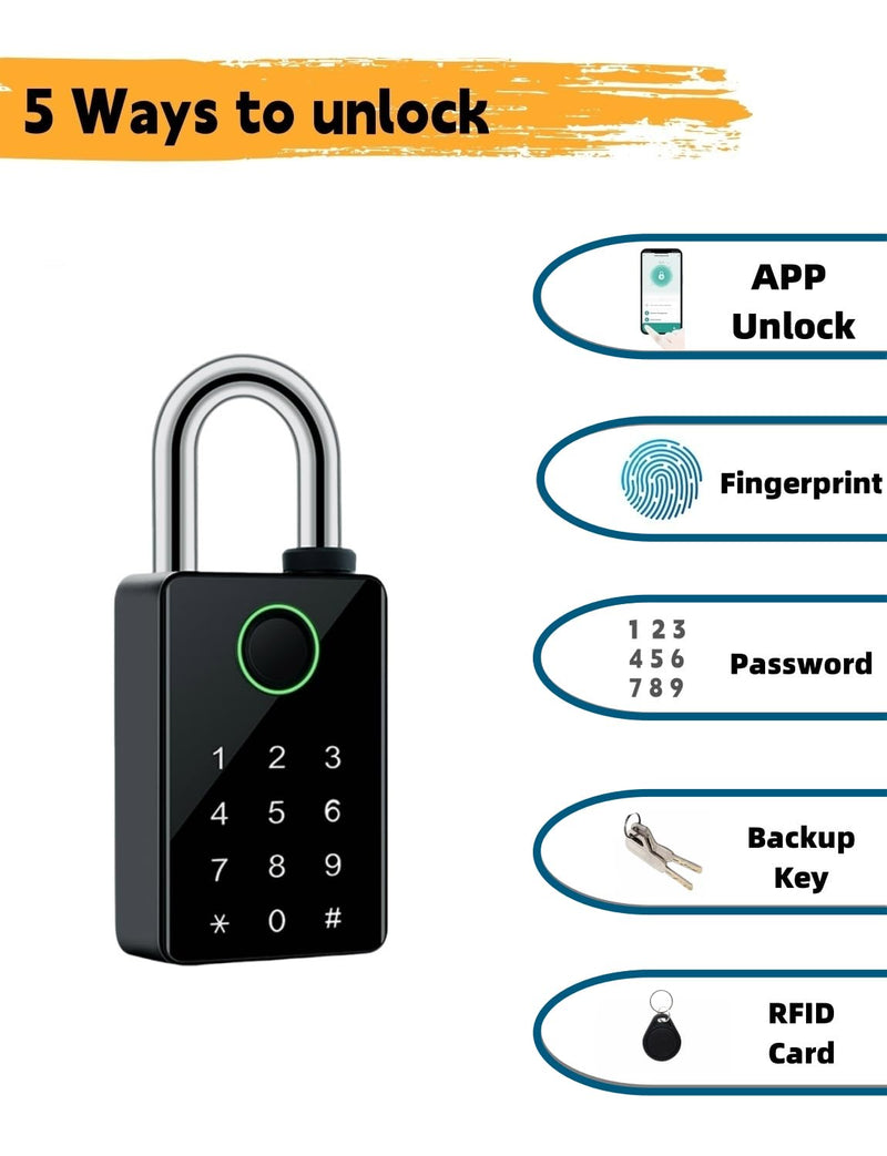 Heavy Duty Fingerprint Padlock with Key Backup, Waterproof Outdoor Smart Combination Gate Lock with IC Card, 5 Ways Unlock Smart Padlock