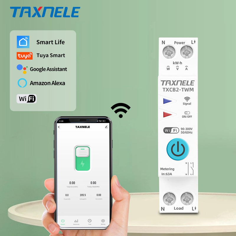 WiFi Smart Circuit Breaker Power Metering Energy Meter KWh 1P 230V 63A Voltmeter Ammeter DIN Rail Smart Life Wireless Remote Control Switch Timer Voice Control (50A)