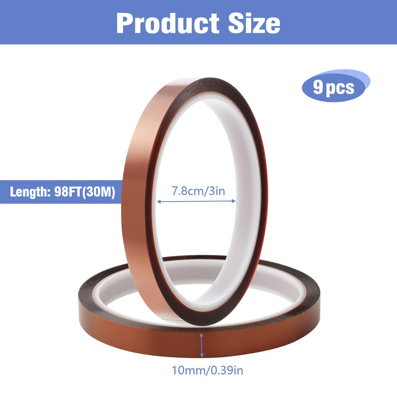 9 Rolls 10mm×30m (98Ft) Sublimation Tape Heat Tape Transfer Tape High Temperature Heat Resistant Tape, Heat Tape for Sublimation Heat Press Electronic Soldering Masking, No Residue 9