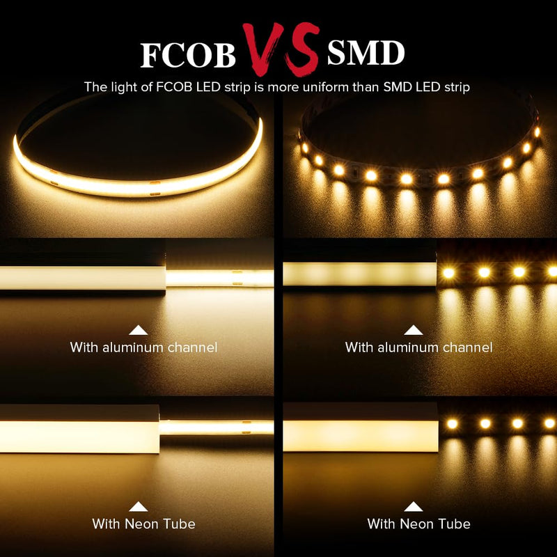 BTF-LIGHTING FCOB COB LED Strip 528LED/m Flexible High Density Uniform Light 14W/m 16.4FT DC24V Warm White 3000K CRI 90+ 10mm Width for Home Indoor Decoration(No Adapter or Controller) Warm White 3000K IP30 16.4FT DC24V 528LED/m