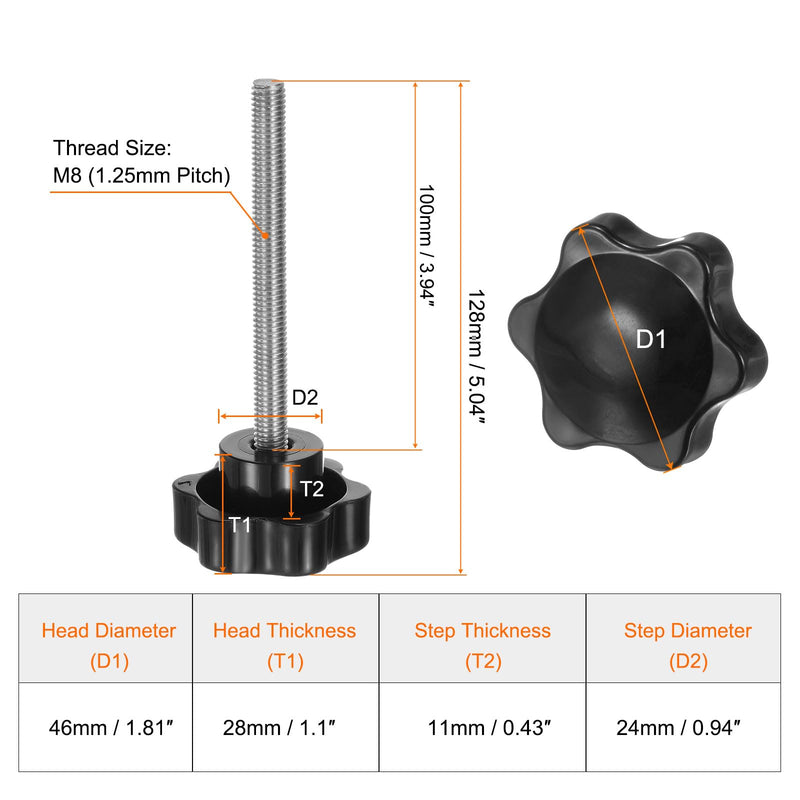 HARFINGTON 2pcs Star Knobs M8 x 100mm 304 Stainless Steel Threaded Stud 46mm Plastic 6-Star Head Hand Tightening Thumb Screw Clamping Jig Knob Handle, Black M8 x 100mm x 46mm