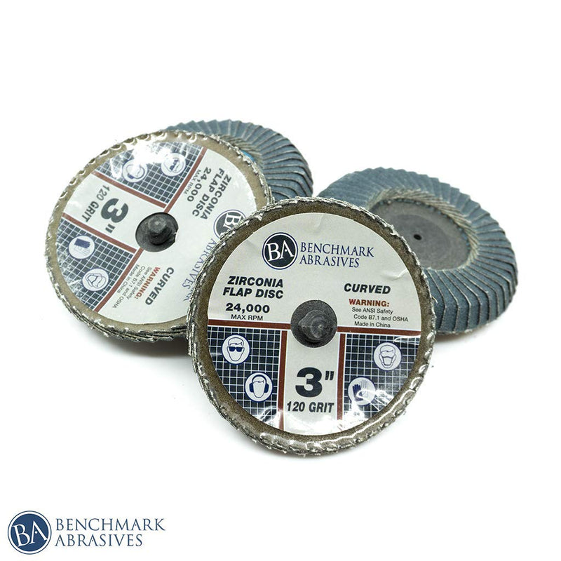 Benchmark Abrasives 3" Quick Change Zirconia Flap Disc Curved Grinding Wheel w/Male R-Type Back Design - Cleaning Finishing Deburring of Irregular Surfaces for Die Grinder & More (10 Pack) 120 Grit