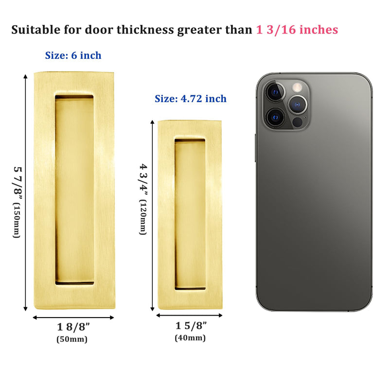 Dontay Sliding Pocket Door Handles, 304 Stainless Steel Non Locking Pocket Door Hardware, Recessed Flush Finger Pulls, Heavy Duty Edge Pull (1 Set, Satin Brass, 6 Inch) 1 Set