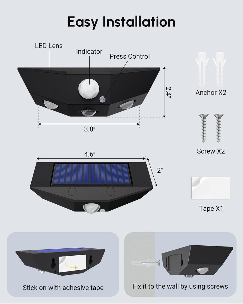 12 Pack Solar Fence Lights, Motion Sensor Outdoor Light with 3 Sided Lighting, 60 Lumens Fence Light Solar Powered, Solar Lights Outdoor Waterproof with 3000K/7000K Mode for Patio, Backyard, Fence 12 Pack Black