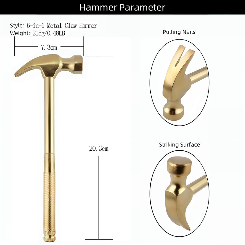 Multifunction Hammer 6 in 1 with Slotted/Flat Head Phillips Screwdriver Claw Hammer Manual, Portable Metal Mini Tool Hammer (Gold) Gold