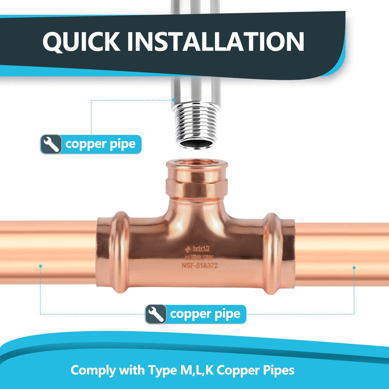 1Pack Seelink Press Copper Female Tee, 1"P x 1"P x 3/4"FPT(PRESS081-1)