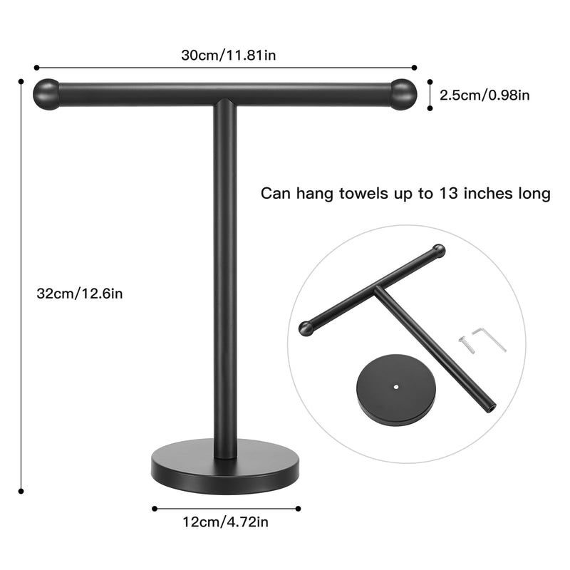 T-Shape Bath Hand Towel Holder Stand, SUS304 Stainless Steel Free Standing Hand Towel Rack with Heavy Base, for Bathroom Kitchen & Countertop, Matte Black Style2-black（1 Pack）