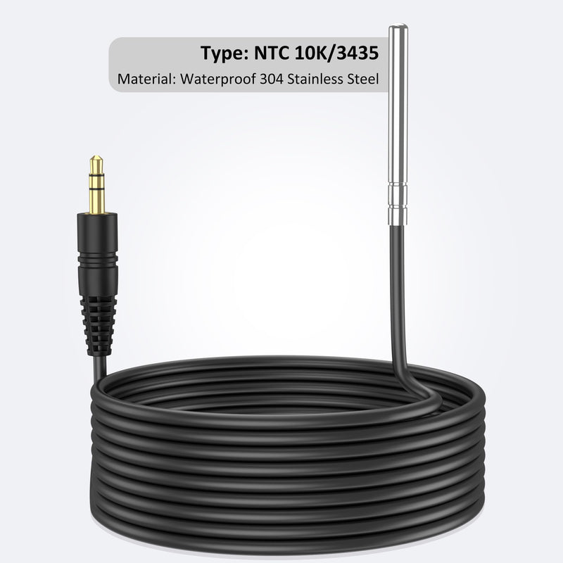 Temperature Sensor Probe NTC 10K/3435, Waterproof 304 Stainless Steel Probe, Food-Grade Sensor, 6.6 Feet Long with 3.5mm Audio Plug