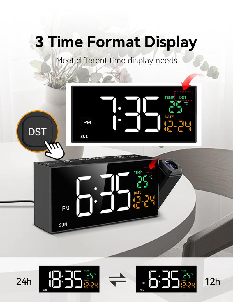 Netzu Projection Clock for Bedroom Ceiling, Alarm Clocks with 180° Rotatable Projector, Date Temperature and Weekday, Manual DST, 5 Brightness, 10 Ringtones, 4 Volumes and Snooze (Black) Black
