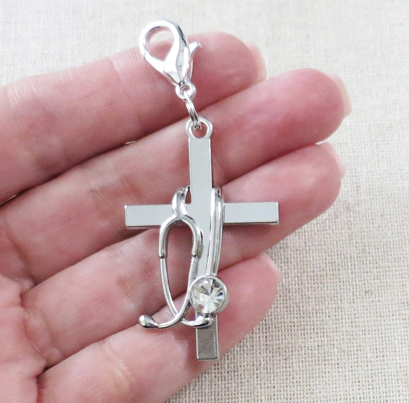 Cross & Stethoscope Badge Charm – Nurse ID Holder, Christian RN LPN CNA Gift, Medical Badge Reel Accessory, Faith Jewelry, Healthcare Worker Gift, Nursing Student Clip