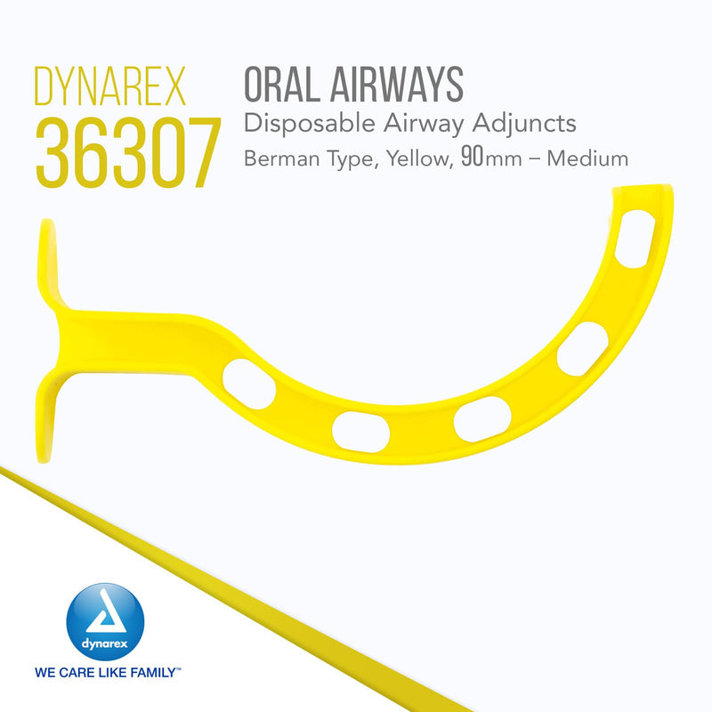 Dynarex Berman Oral Airway Assist Device - Disposable Airway Adjuncts - Slotted Sides, Midway Opening, Color-Coded Bite Lock - 90mm Adult, 24-Count