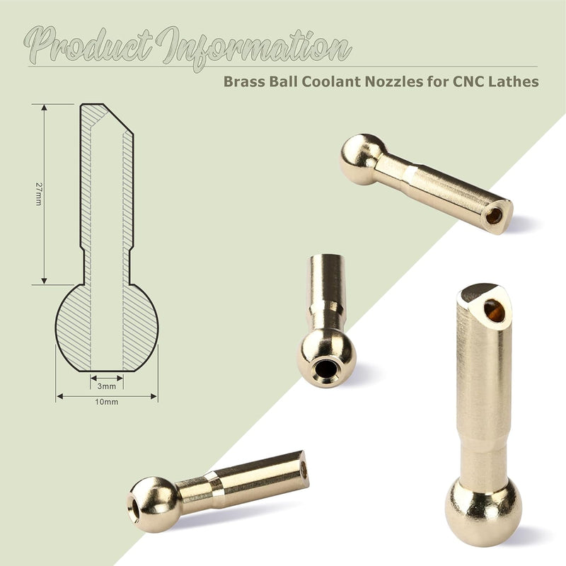 5 Pcs Brass Balls Coolant Nozzles - 10mm Copper Ball Diameter, 27mm Tube Length, 3mm Inner Diameter Slanted Hole, for Machine Tool Turret Water Spraying & Cooling (TCQX-10-27-3)