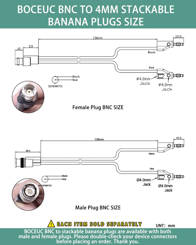 BNC Test Leads, BNC to Multi-Stacking Banana Plugs, Test Lead Breakout Cable for Multimeter, 5A Current Rating, 1 Pack Male Plug