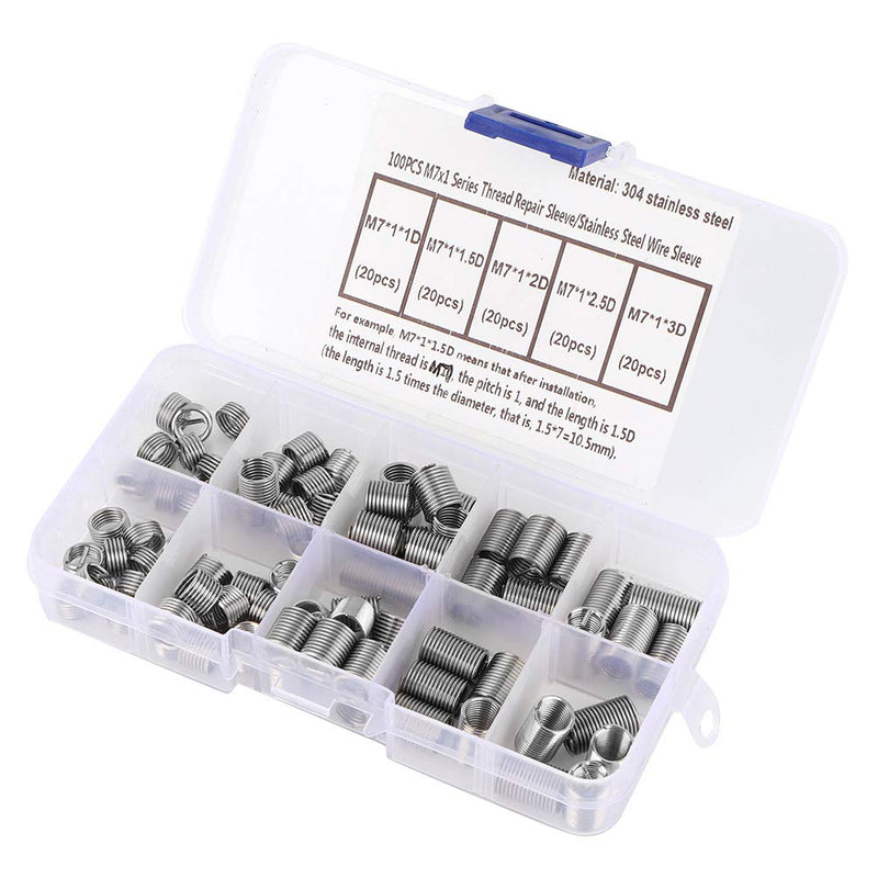 Coiled Wire Screws Sleeve 100Pcs M7x1 Coiled Wire Thread Repair Insert Sleeve Kit Stainless Steel Helicoil Type Screw Helical Threaded Inserts