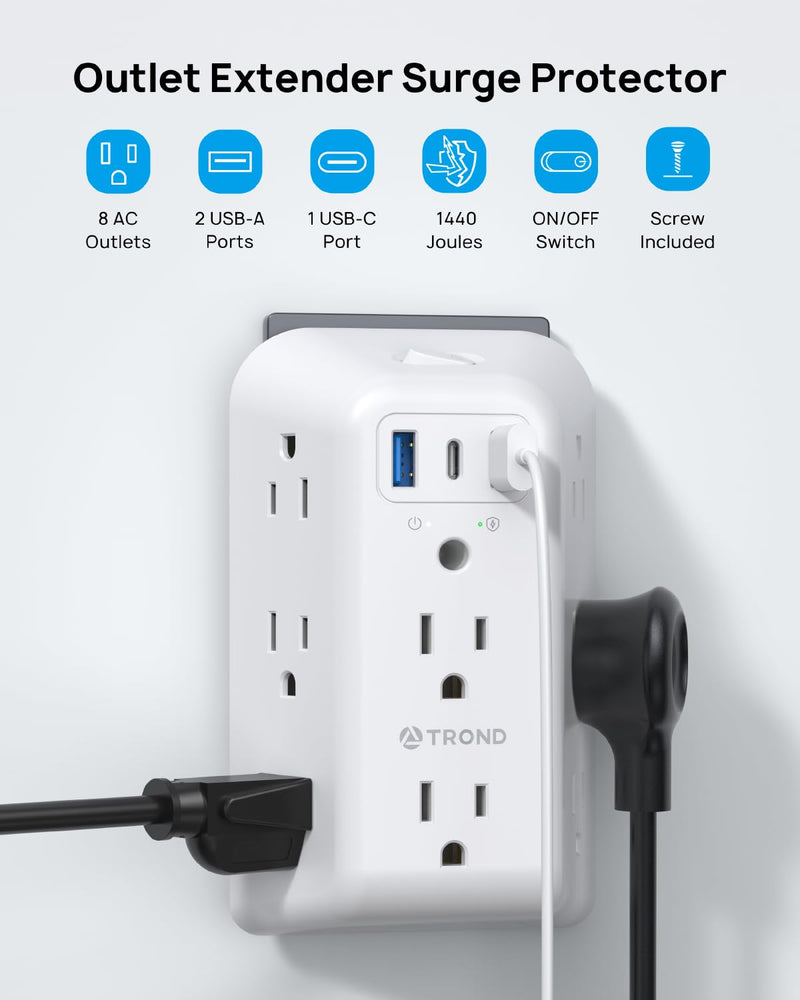 TROND Outlet Extender Surge Protector, 8 Outlet Splitter with 3 USB Ports(1 USB C), 1440J Electric Plug Multiplier, Multi Plug with ON/OFF, 3 Way Multiple Wall Extension Adapter for Home School Office 8 AC Outlets