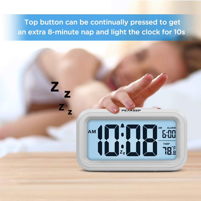 Peakeep Night Light Digital Alarm Clock Battery Operated with Indoor Temperature, Desk Small Clock (White) White