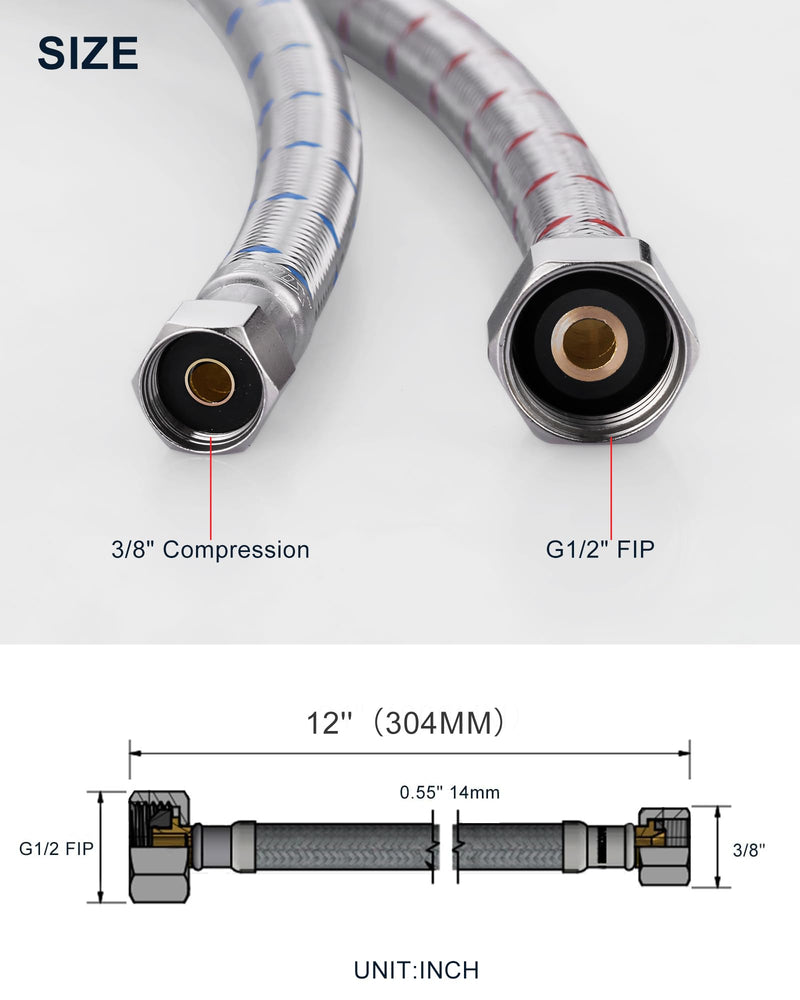 12 Inch Faucet Supply Lines Stainless Steel Braided Supply Hose for Sink Faucet G1/2" FIP x 3/8" Compression Faucet Connector, cUPC Bathroom Water Hose Replacement Parts 2 PCS 12 Inch
